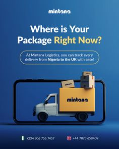 a delivery truck with boxes on the back is in front of a phone that says, where is your package right now?