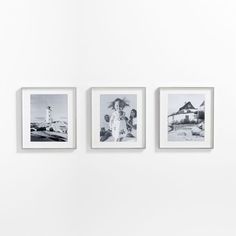 three black and white photographs hanging on the wall