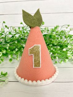 a pink felt party hat with a green leaf on top and the number one in gold glitter