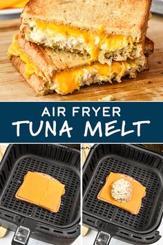 an air fryer tuna melt sandwich with cheese on it is shown in three different views