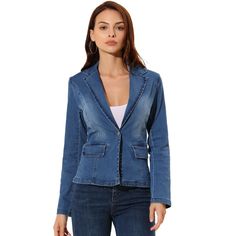 Designed with a notch lapel collar and princess line, this ageless style is the perfect insert to your workwear collection.Classic yet utilitarian style defines this button-front jacket made from washed denim with just a hint of stretch.The denim blazer has a timeless wash and button front.Pair with the matching pants for a complete look! Size: medium. Color: mid blue. Gender: female. Age Group: adult. Pattern: Solid. Material: Cotton. Denim Notch Lapel Outerwear With Button Closure, Denim Outerwear With Notch Lapel And Button Closure, Classic Medium Wash Blazer With Button Closure, Classic Denim Button-up Blazer, Spring Denim Jacket With Notch Lapel And Button Closure, Classic Single Breasted Denim Blazer, Notch Lapel Denim Jacket For Workwear, Medium Wash Workwear Blazer With Pockets, Medium Wash Blazer With Pockets For Work