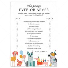 Fun Dog Birthday Party Game Ever or Never Printable by LittleSizzle Dog Birthday Games, Dog 10th Birthday Party, Dog Party Games, Dog Bday, Cool Dog Tricks, Whiskey Birthday, Dog Themed Parties, Birthday Party Game, Cute Game