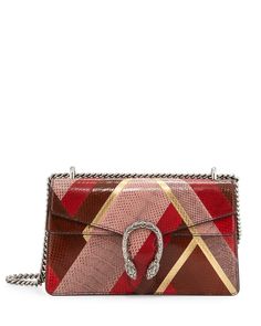 Gucci structured snakeskin shoulder bag with hand-painted edges. Antiqued palladium hardware. Sliding chain strap can be doubled, 8.5"-15" drop. Flap top with textured tiger head spur. Pin closure wit Gucci Chain Bag, Purse Gucci, Snake Skin Handbag, Shoulder Bag Pink, Handbags Gucci, Gucci Purses, Brown Purse, Brown Leather Handbags, Bags Gucci