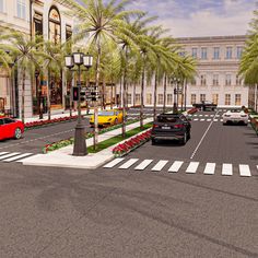 an artist's rendering of a city street with palm trees and cars on the road