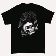 crow eating skull t shirt. very gothic medieval look. Design on front of garment . . white and black t shirts..  also offering red hoodies and black hoodies.. Black Horror T-shirt With Skull Print, Horror Black T-shirt With Skull Print, Crow Eating, Gothic Medieval, Crow Skull, Black T Shirts, Skull T Shirt, Skull Tshirt, Red Hoodie