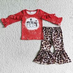 Bell Bottoms Outfit, Snowman Shirt, Red Flare, Girls Christmas Outfits, Leopard Print Pants, Leopard Pants