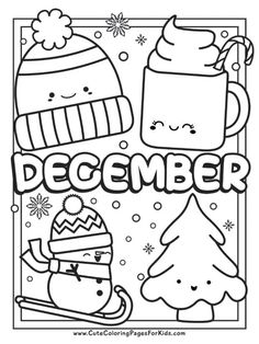 a coloring page with the words december and two winter hats on top of each other