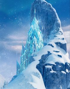 an ice castle on top of a mountain covered in snow