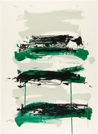 an abstract painting with green and black brush strokes