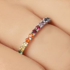 14K Gold Personalized Rainbow Ring, Eternity Ring, Family Birthstone Ring, Dainty Colorful Ring, Summer Jewelry, Best Friend Birthday Gift ♦ If you want this ring with different colored gemstones or set in 8K, 18K gold, please send us a message and we will quote you a price with the stones you want F E A T U R E S ▸ Made to Order ▸ Custom Gold Color: Yellow Gold, Rose Gold, White Gold ▸ Band Width: 2.20mm ▸ Material: Solid Real Gold (not gold-filled or no gold plated) ▸ Gold Carat:8K - 333, 14K Luxury Multicolor Birthstone Ring For Gift, Luxury Wedding Birthstone Ring With Half Eternity, Amethyst Eternity Ring, Rainbow Eternity Ring, Multicolor Jewelry With Prong Setting For Anniversary, Multicolor Cubic Zirconia Rings With Accent Stones, Rainbow Birthstone Rings In Fine Jewelry, Rainbow Multi-stone Birthstone Ring For Anniversary, Rainbow Birthstone Rings Fine Jewelry