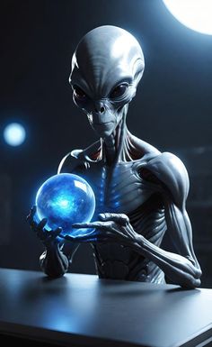 an alien holding a crystal ball in his hands