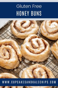 gluten - free honey buns on a cooling rack with text overlay