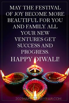 happy diwali greeting card with three lit candles in front of the words, may the festival of joy become more beautiful for you and family