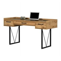 a computer desk with two drawers and a laptop sitting on it's top shelf