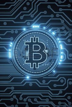 the bitcoin symbol is on top of an electronic circuit with blue lights around it