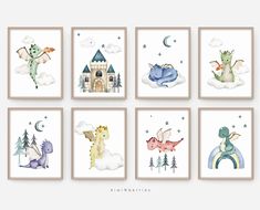 six children's wall art prints featuring dragon and castle