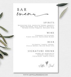 a menu with olive leaves on it