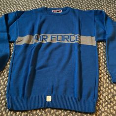 Vintage Air Force Crew Neck Sweater Vintage Throwback Sweater Long Sleeve Sweater Blue New In Package Size Med Blue Crew Neck Top For Cold Weather, Blue Crew Neck Outerwear For Outdoor, Casual Crew Neck Tops For Cold Weather, Casual Blue Sweatshirt For Cold Weather, Casual Crew Neck Outerwear For Cold Weather, Blue Crew Neck Outdoor Outerwear, Vintage Washed Blue Crew Neck Top, Vintage Navy Crew Sweatshirt, Vintage Crew Neck T-shirt Made In Usa