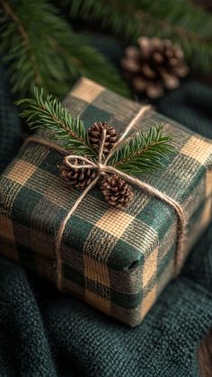 a present wrapped in plaid paper and tied with twine pine cones on a green blanket