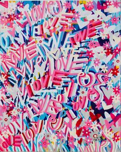 an abstract painting with pink, blue and white letters in the shape of stars on it