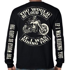 100% Cotton Long Sleeves Crew Neck Screen Printed Left Chest, Full Back, & Sleeves Black Long Sleeve Shirt With Text Print, Black Biker Tops For Winter, Black Biker Shirt With Crew Neck, Black Long Sleeve Biker T-shirt, Winter Black Tops With Text Print, Black Winter Top With Text Print, Winter Black Text Print Tops, Black Text Print Shirt For Fall, Black Biker Crew Neck Top