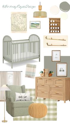 a baby's room with furniture and decor in shades of green, beige, and white