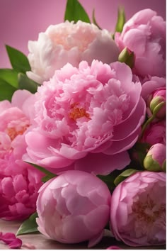 pink and white peonies with green leaves on a pink background, close up