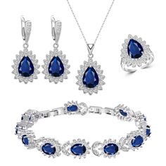 PRICES MAY VARY. 【ROYAL BLUE JEWELRY SET LIST】: Delicate and elegant cost-effective jewelry set, including earrings, pendant ，ring, necklace, bracelet, the metal is white gold plated copper, this is a perfect set of high quality jewelry in a luxurious royal blue jewelry box with logo inside the box" MEET YOU MEET LOVE "You can wear it yourself, or give it as a gift to your loved ones or friends and relatives. This will be a great surprise gift to express your love. 【PRODUCT DETAILS SIZE】:Necklac Blue Sapphire Jewelry Set, Royal Blue Jewelry, Sapphire Jewelry Set, Bracelets Luxury, Blue Jewelry Set, Blue Sapphire Jewelry, Gem Jewelry, Pendant Ring, Women's Jewelry Sets