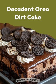 Layers of creamy, chocolatey goodness come together in this indulgent Oreo Dirt Cake! The perfect dessert to satisfy your sweet tooth and impress your guests.  Ingredients: 1 box chocolate cake mix (plus ingredients as directed on the box) 30 Oreos, crushed (plus more for garnish) 12.8 oz hot fudge sauce ...  Prep Time: 30 minutes  Cook Time: 30 minutes (plus cooling and setting time)  Total Time: Approximately 3 hours (including refrigeration)  Nutritional Information: Calories: 380 per serving Protein: 4g Sodium: 250mg Oreo Mud Pie Dirt Cake, Oreo Mud Pie, Oreo Dirt Cake, Diet Cake, Oreo Dirt, Good Desserts, Dirt Cake, Hot Fudge Sauce, Box Chocolate