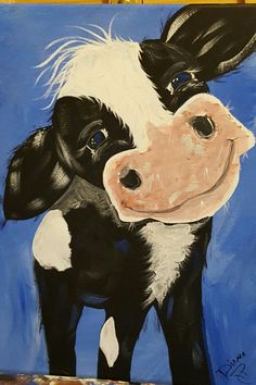 a painting of a black and white cow on a blue background