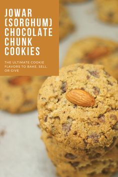 a close up of cookies with almonds on top and the words jowar chorogumi chocolate chunk cookies above it