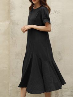 Cotton Solid Ruffle Short Sleeve Round Neck Casual Midi Dress Knee-length Fit And Flare Midi Dress With Ruffle Hem, Fit And Flare Knee-length Midi Dress With Ruffle Hem, Solid Color Knee-length Ruffle Dress, Solid Knee-length Ruffle Dress, Solid Knee-length Ruffle Dress With Ruffle Hem, Knee-length Ruffle Dress With Ruffle Hem, A-line Dress With Ruffle Hem For Work, Solid Color Casual Fitted Ruffle Dress, Casual Solid Color Fitted Ruffle Dress