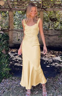 Carnation Yellow Satin Maxi Dress – Beginning Boutique US Yellow Satin Dress, Dainty Jewellery, Prom Midi Dress, Yellow Maxi Dress, Yellow Bridesmaids, Yellow Maxi, Yellow Satin, Semi Formal Dresses, Beginning Boutique