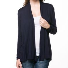 An Irresistibly Comfortable Layering Option In Supersoft Stretch Fabric, This Versatile Solid-Hued Cardi Flatters And Streamlines With Its Gently Draped Front Panels. 95% Rayon / 5% Spandex Hand Wash; Hang Dry Made In The Usa Color Navy Versatile Open Front Solid Top, Blue Open Front Sweater For Layering, Blue Open Front Layering Sweater, Versatile Stretch Cardigan For Layering, Versatile Stretch Wrap Cardigan, Solid Open Front Layering Top, Open Front Layering Top, Versatile Blue Outerwear For Layering, Casual Open Front Tops For Layering