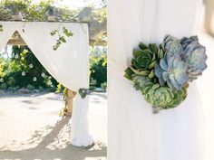 an outdoor wedding ceremony with white drapes and succulents