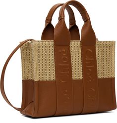 Woven faux-raffia and LWG-certified grained calfskin tote in beige and brown. · Rolled logo-embroidered carry handles · Adjustable and detachable crossbody strap · Open throat · Patch pocket at interior · Twill lining · H8 x W10 x D3.5 Supplier color: Caramel Summer Tote Bags, Summer Tote, Bold Logo, Woven Raffia, Bags Aesthetic, Tote Bag Purse, Caramel Color, Dolce E Gabbana, Medium Tote