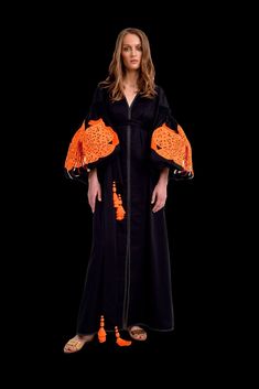 Black/Orange Luxurious Lilies Women's Maxi Caftan. Online store of fashion designer clothes for women. In legends, the lily flower is a symbol of maiden charm, purity, and virtue. Brand Yuliya Magdych, expensive designer dresses. The lily flower also hides the secret of life. Made in UKRAINE with love Yuliya Magdych, The Secret Of Life, Secret Of Life, Fashion Designer Clothes, Cotton Caftan, Designer Clothes For Women, Made In Ukraine, Women Maxi, Fashion Design Clothes