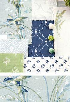 an assortment of fabric samples with flowers and leaves on them, all in shades of blue