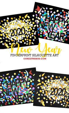 four new year's eve cards with confetti