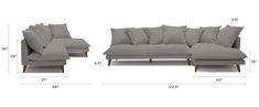 two couches with pillows on them and measurements for the back one is in grey