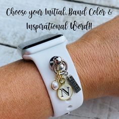 a woman's arm with an apple watch on it and the words choose your initial band color & inspirational world