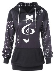 Musical Notes Print Hoodie with Front Pocket - Multi - 3287396514 - Original Design-Women's Clothing  #OriginalDesignWomensClothing #Original #DesignWomen's #Clothing Hoodies For Teens, Dr Wardrobe, Cat Music, Music Sweatshirts, Fancy Clothes, Plain Hoodies, Fashion Site, Spandex Shirts, Dresses Classy