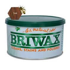 a can of briwax sits next to a bee on a white background