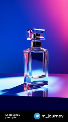 a bottle of perfume sitting on top of a blue and purple tablecloth with the words mid journey