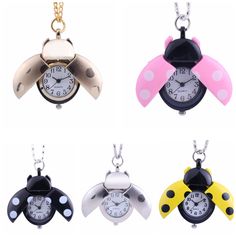 four different color ladybug shaped alarm clocks with chain attached to each clock face