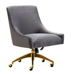 a gray office chair with gold wheels and casteors