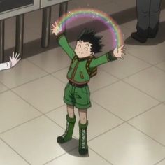 an animated image of a boy holding a rainbow in front of another person standing on the floor