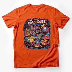 Funky Roadhouse Graphic Tee, Colorful Vintage Style T-Shirt, Retro Diner Fashion, Unisex Clothing, Casual Streetwear, Unique Design Top Male T-Shirt Custom graphic T-Shirt.Customize your color Casual Orange Tops With Graphic Design, Fun Multicolor Tops With Graphic Print, Orange Cotton Tops With Cartoon Print, Orange Cotton Top With Cartoon Print, Retro Multicolor Cartoon Print Tops, Fun Orange Short Sleeve Shirt, Colorful Graphic Tee With Crew Neck, Colorful Crew Neck Graphic Tee, Colorful Crew Neck Top With Letter Print