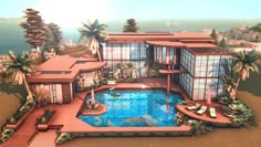 this is an artist's rendering of a house with a pool in the front yard