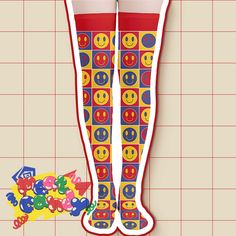 Kidcore Smiley Face Blocks Thigh High Stockings Put on your happy legs and smiling feet with these kidcore stockings featuring a pattern of smiley faces in alternating primary colors against contrasting blocks.  Available in 3 sizes with differing lengths - please see size chart in images for measurements! 90% Polyester, 10% Spandex Multicolor Thigh High Casual Socks, Multicolor Casual Thigh-high Socks, Casual Multicolor Thigh High Socks, Trendy Multicolor Thigh High Stockings, Clowncore Clothes, Clowncore Aesthetic, Maximalist Fashion, Kidcore Aesthetic, Smiley Faces